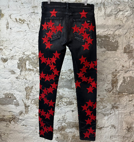 Amiri Red Suede Star Black Denim Jeans Sz 32