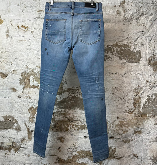 Amiri Knee Hole Paint Splatter Blue Denim Jeans Sz 32
