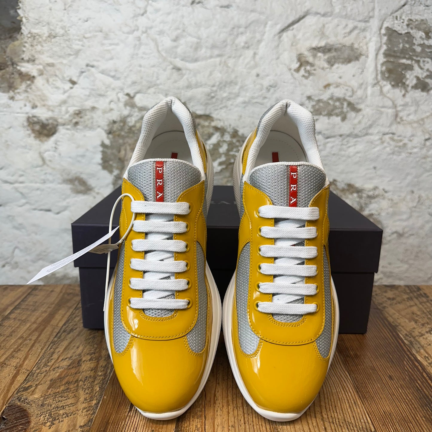 Prada Americas Cup Yellow Patent Grey Sneaker Sz 9 DS (Discolored)