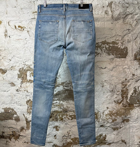 Amiri Paint Splatter Crystal Blue Denim Jeans Sz 33