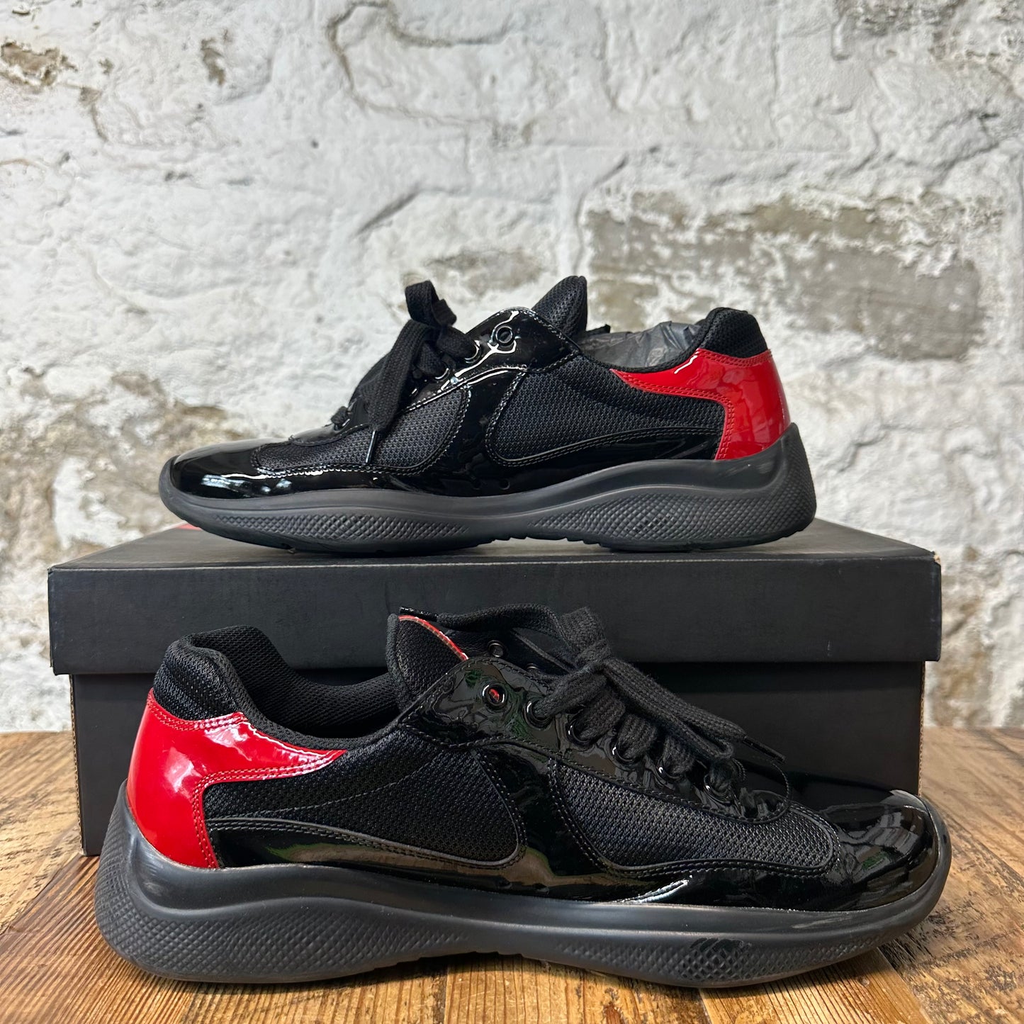 Prada Americas Cup Black Red Patent Black Sneaker Sz 10