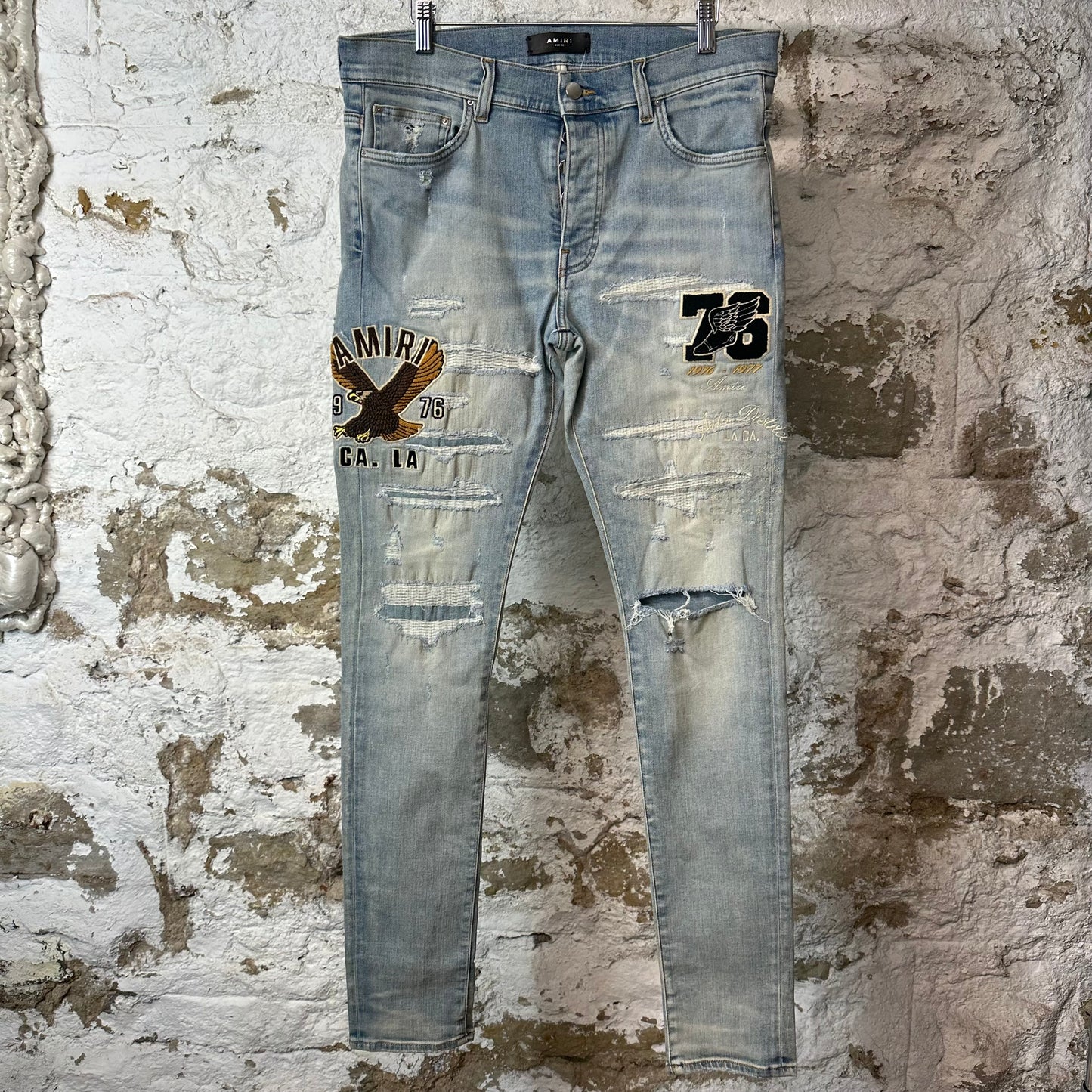 Amiri Embroidered Eagle Logo Blue Denim Jeans Sz 32