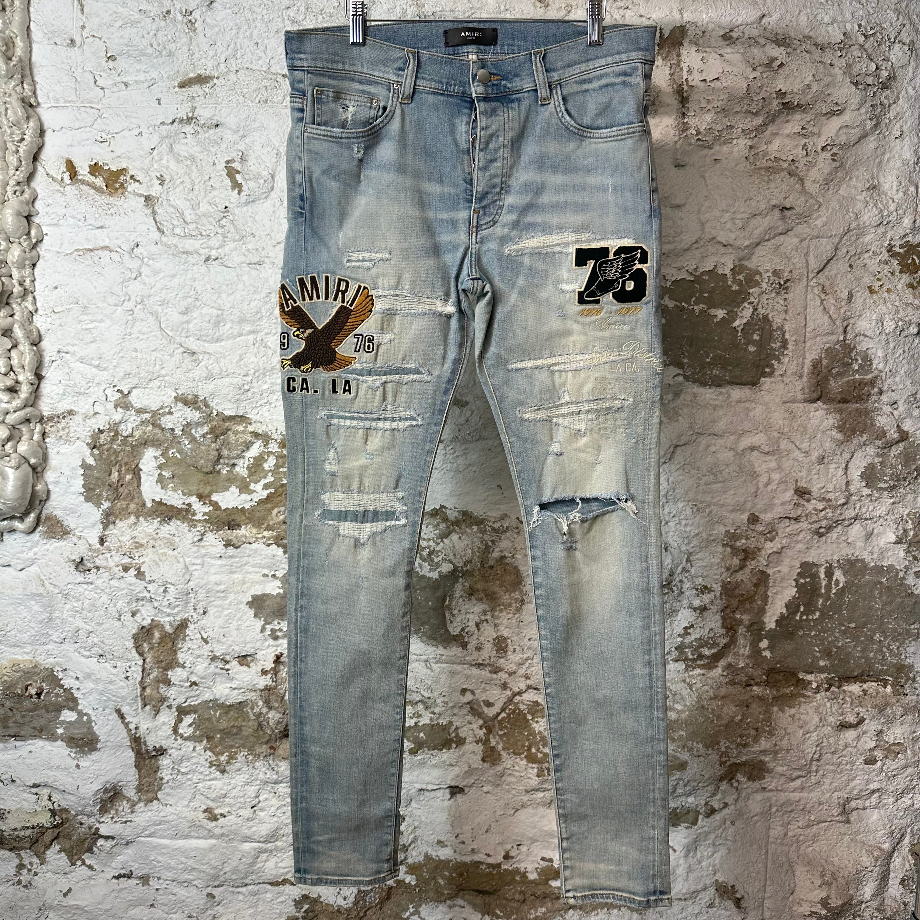 Amiri Embroidered Eagle Logo Blue Denim Jeans Sz 32