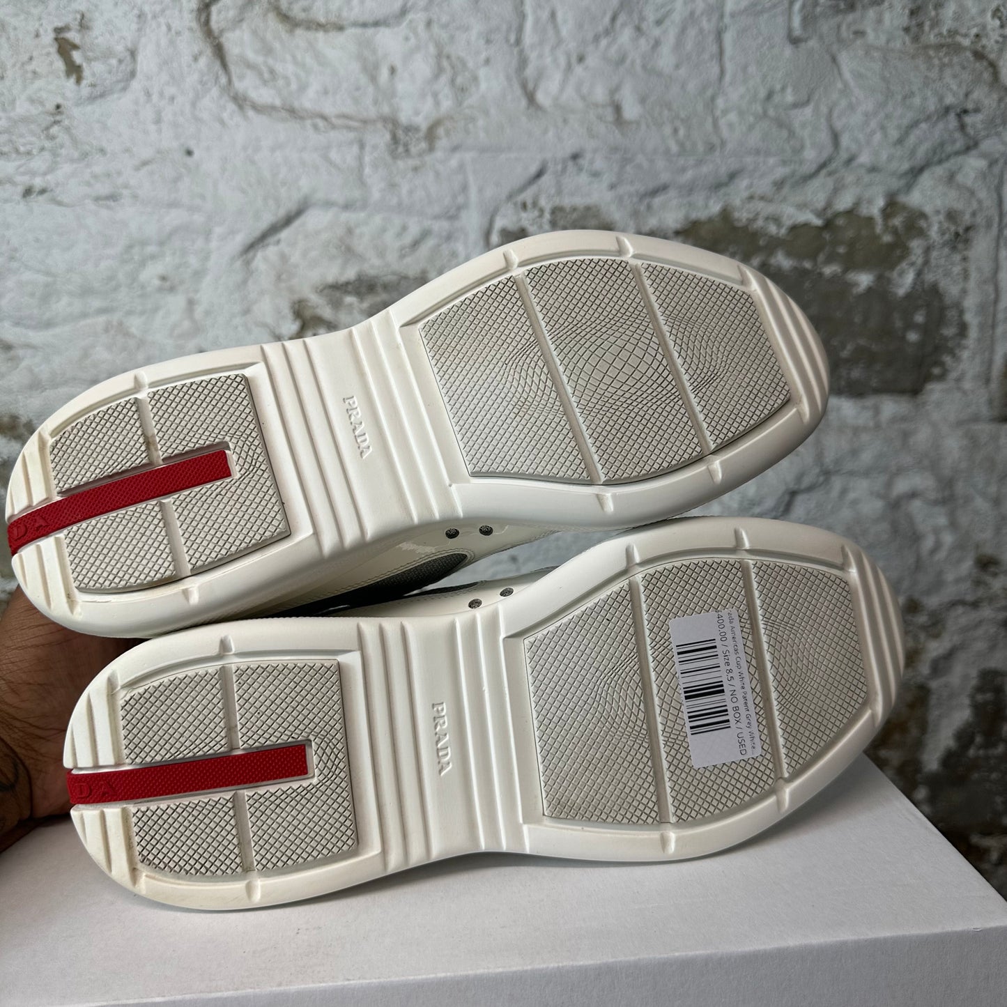 Prada Americas Cup White Patent Grey White Sneaker Sz 8.5