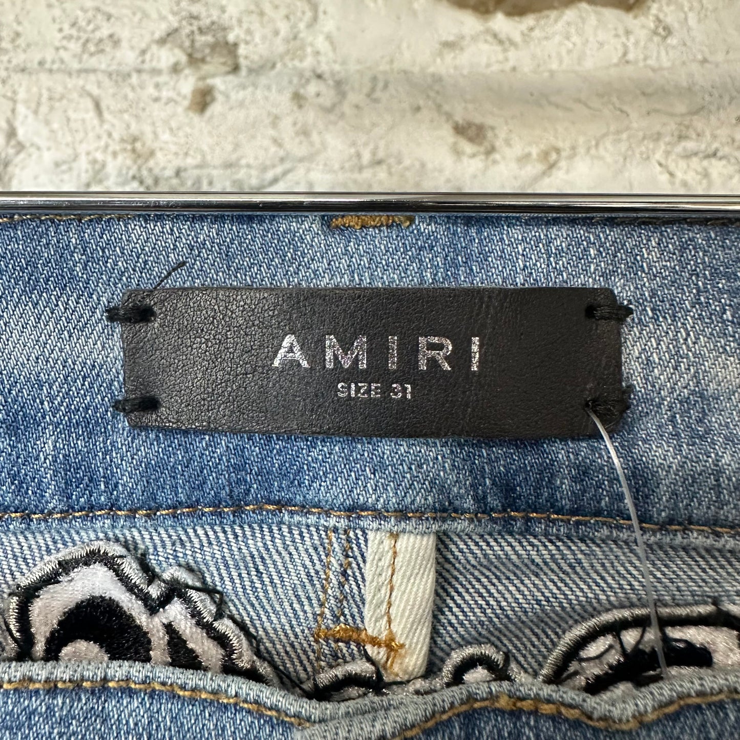 Amiri Black Leather Star Chemist Blue Denim Jeans Sz 31