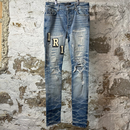 Amiri Felt Spellout Distressed Blue Denim Jeans Sz 32