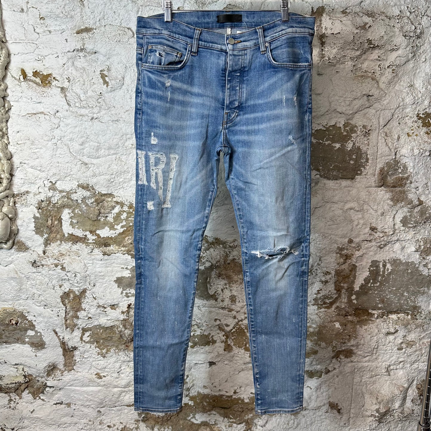 Amiri Distressed Side Spell Blue Denim Jeans Sz 34