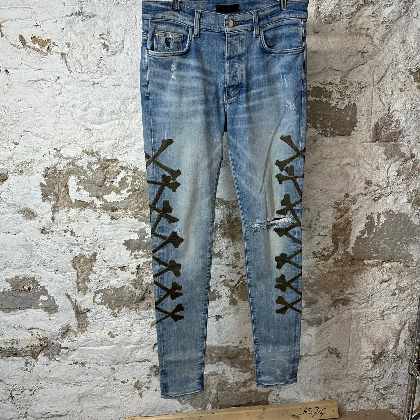 Amiri Green Camo Bones Blue Denim Jeans Sz 32