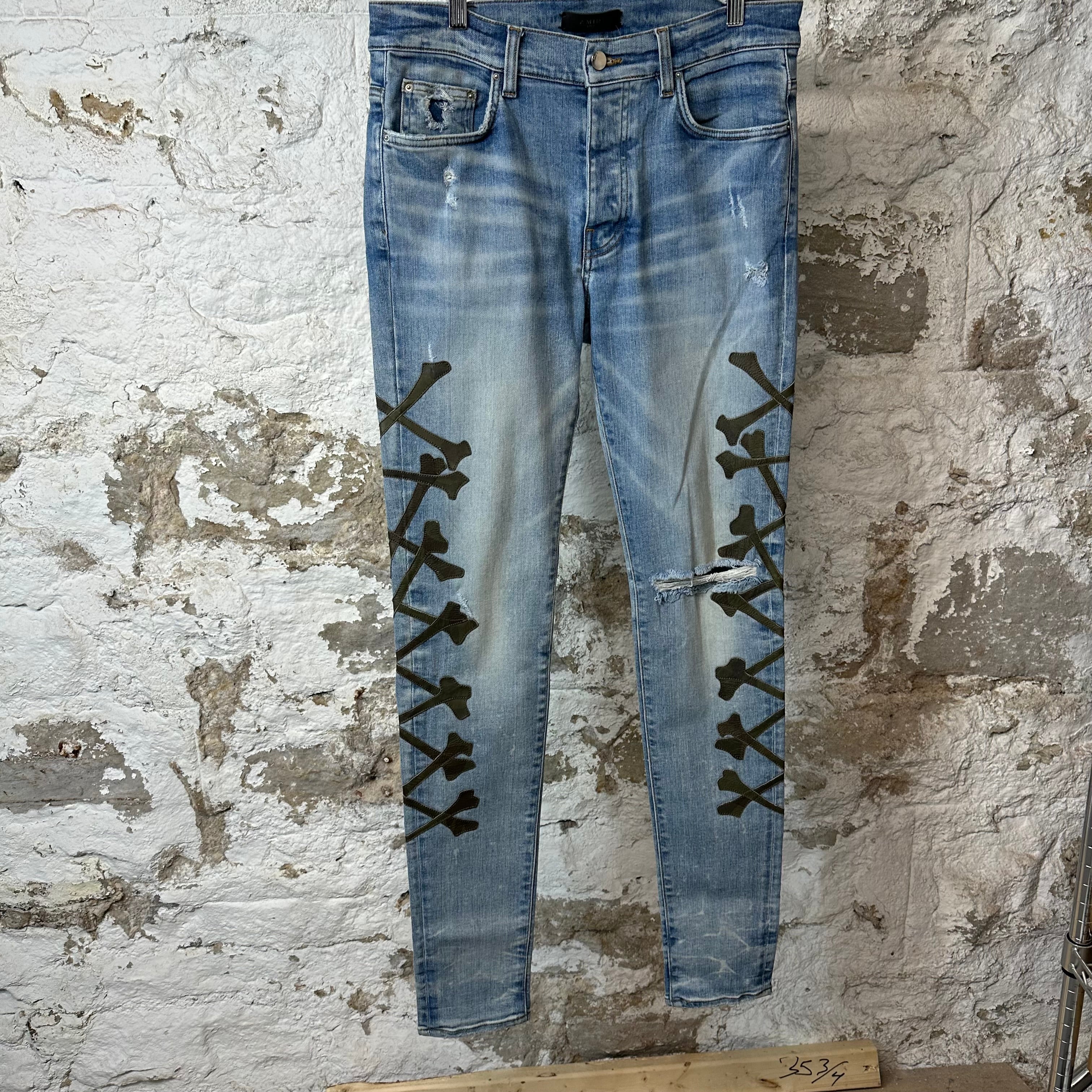 Amiri Green Camo Bones Blue Denim Jeans Sz 32