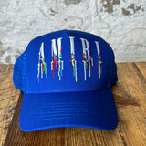 Amiri Paint Drip Spellout Blue Trucker Hat DS