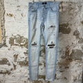 Amiri MX1 Camo Patch Light Blue Denim Jeans Sz 32