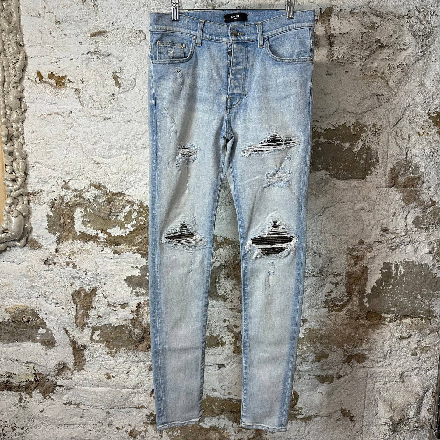 Amiri MX1 Camo Patch Light Blue Denim Jeans Sz 32