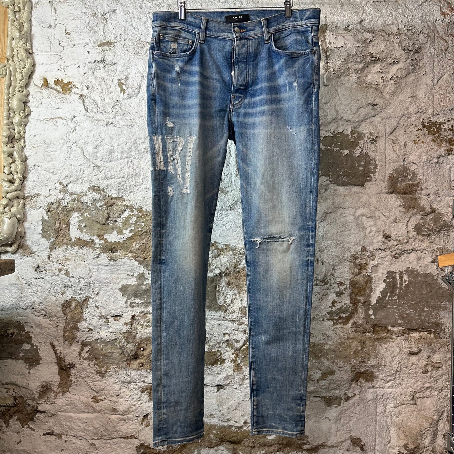 Amiri Distressed Side Spell Blue Denim Jeans Sz 34