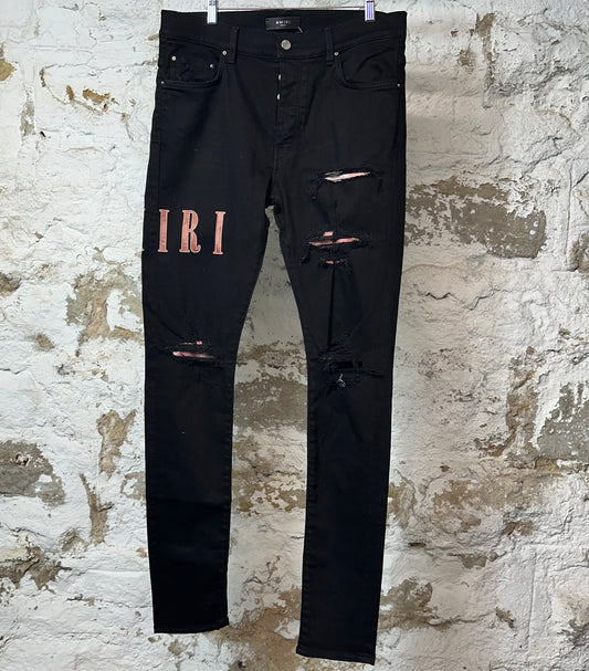 Amiri Red Tie Dye Core Logo Black Denim Jeans Sz 34