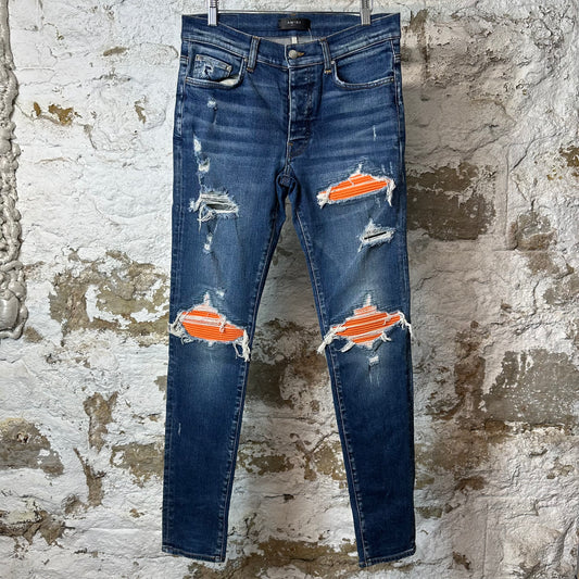 Amiri MX1 Orange Suede Dark Blue Denim Jeans Sz 32