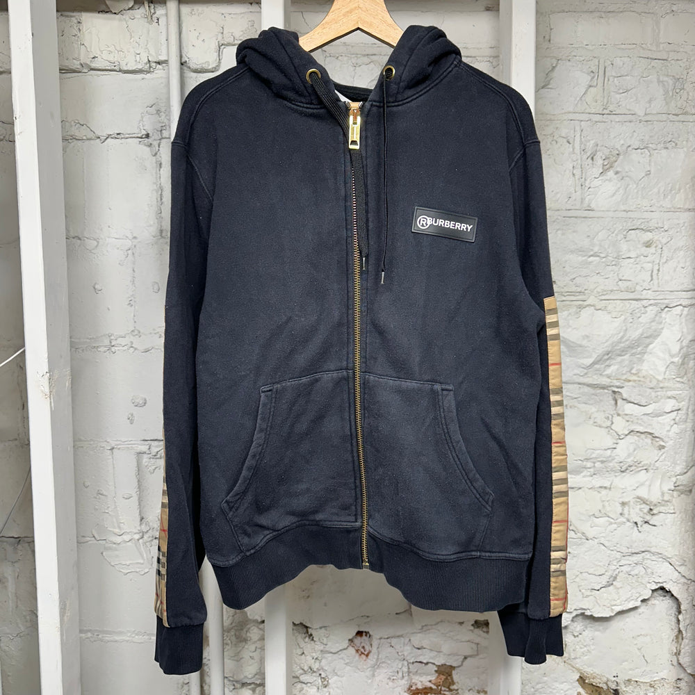 Burberry Sleeve Plaid Black Zip Up Hoodie Sz M