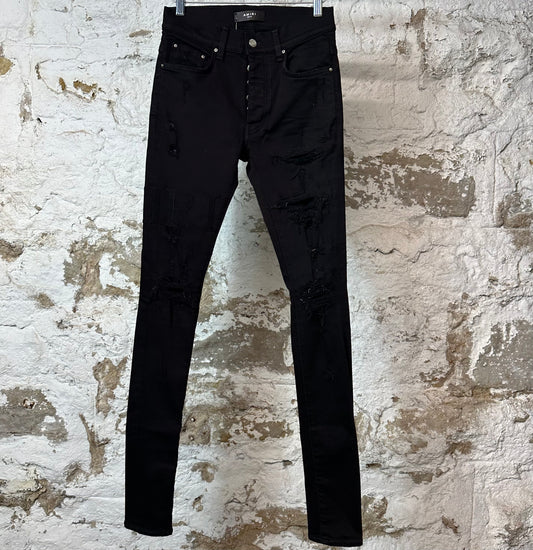 Amiri Black Suede Spell Black Denim Jeans Sz 28