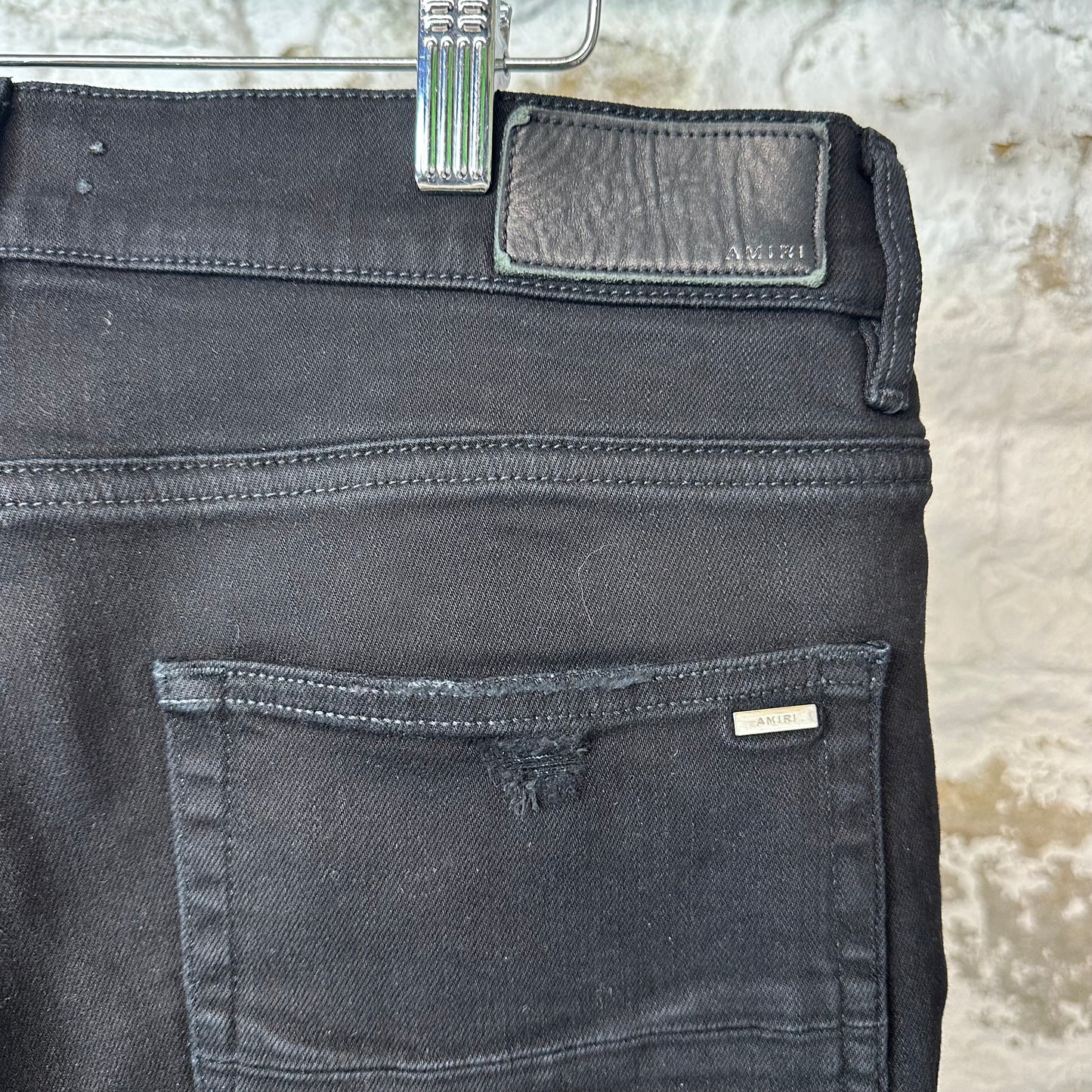 Amiri MX1 Black Leather Black Denim Jeans Sz 34