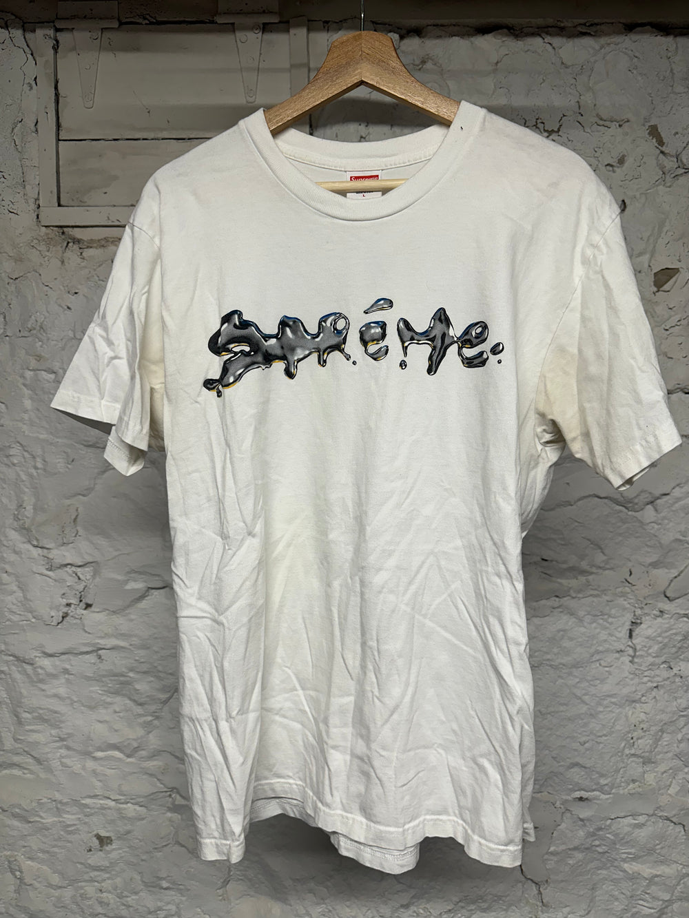 Supreme Chrome Drip Logo White T-Shirt Sz L