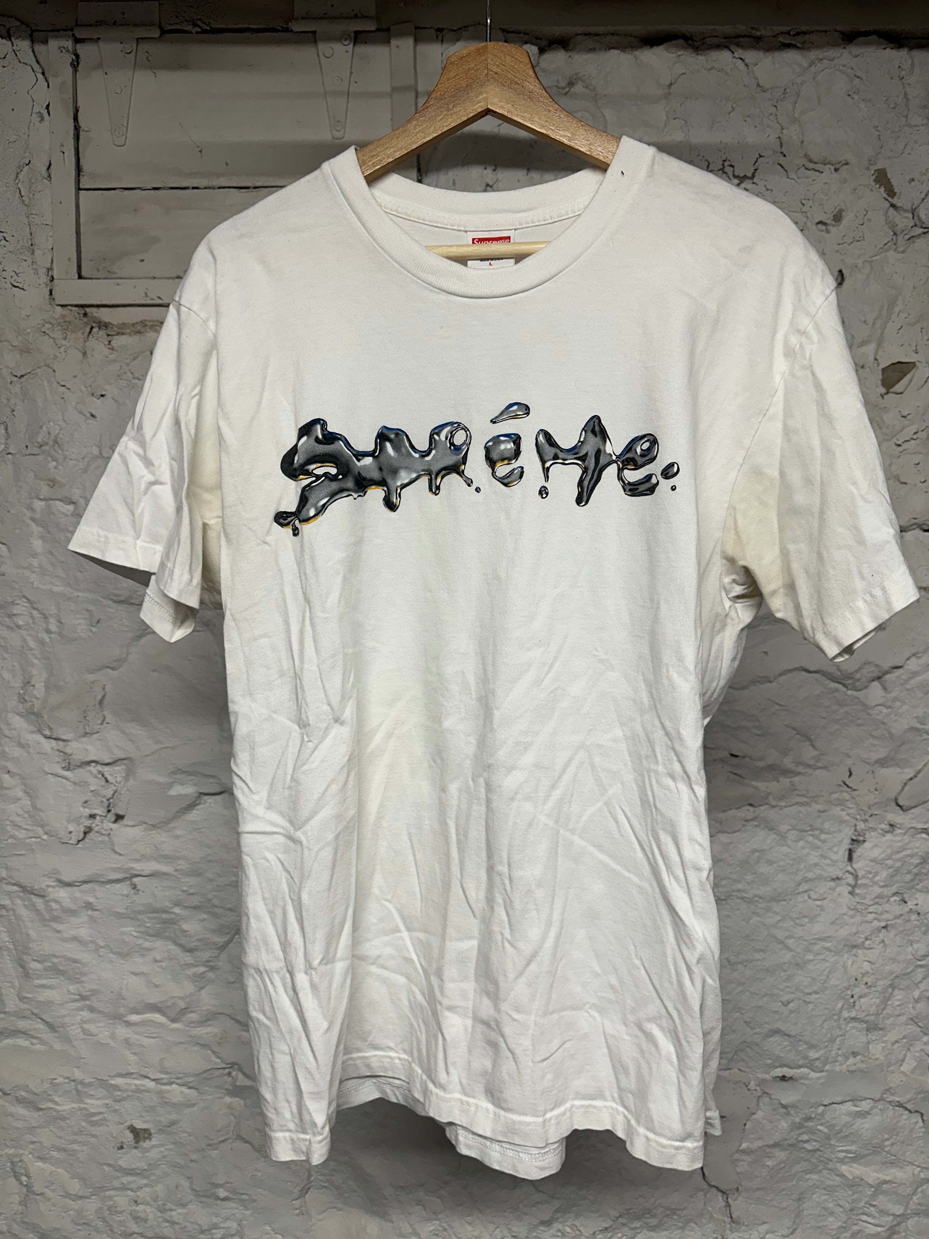 Supreme Chrome Drip Logo White T-Shirt Sz L