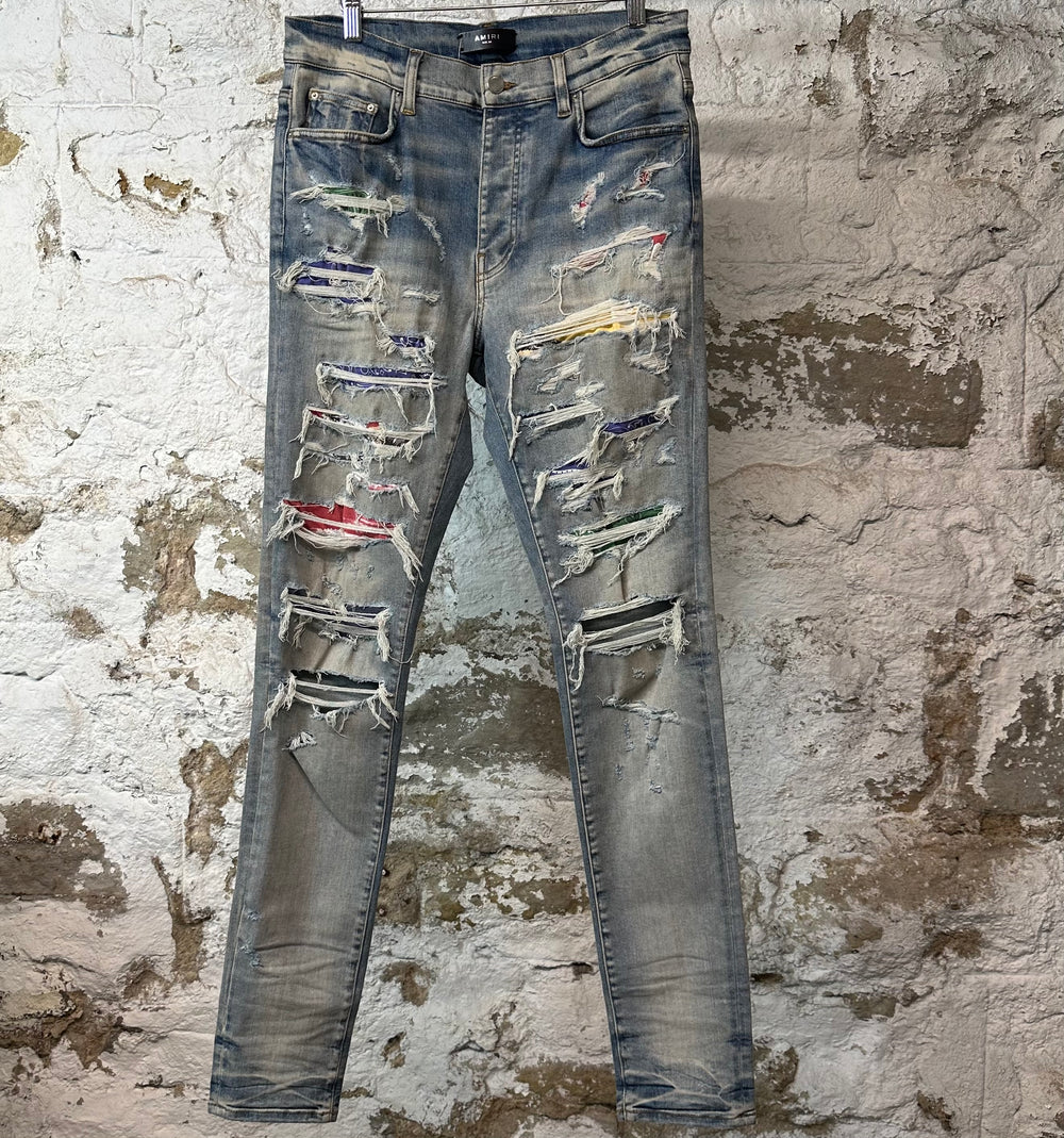 Amiri Multicolor Paisley Blue Denim Jeans Sz 34