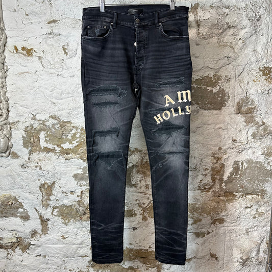 Amiri Hollywood Logo Faded Black Denim Jeans Sz 34