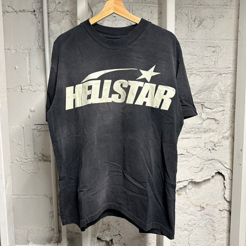 Hellstar Faded Black White Spellout T-Shirt Sz M