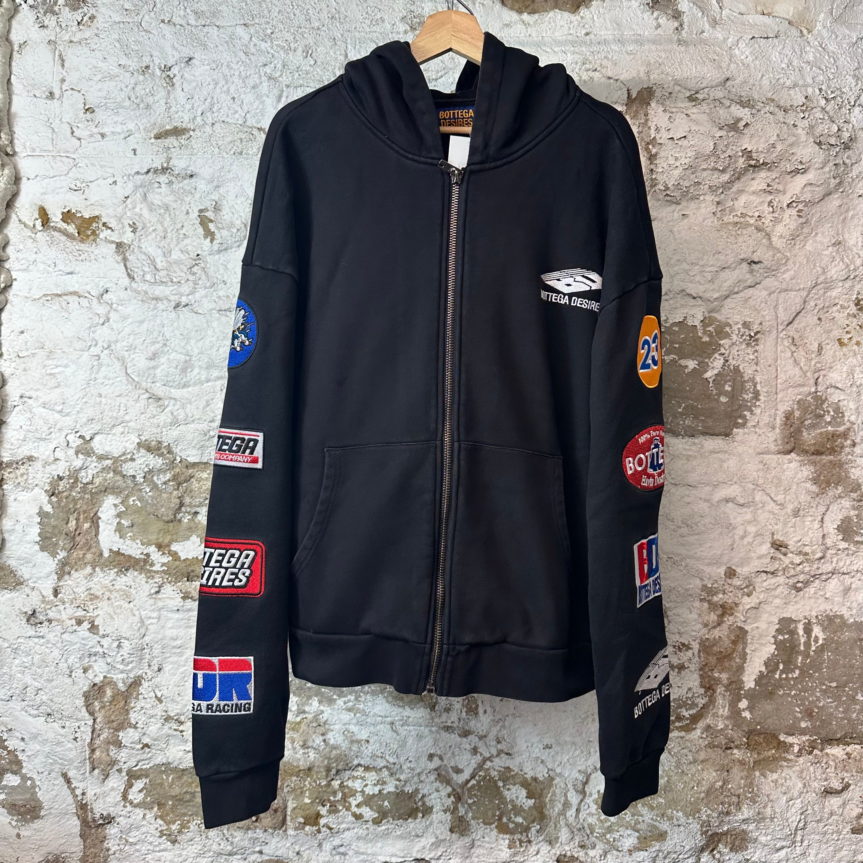 Bottega Desires Sleeve Logos Black Zip Up Hoodie Sz XXL