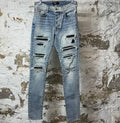 Amiri MX1 Black Leather Blue Thrasher Denim Jeans Sz 30