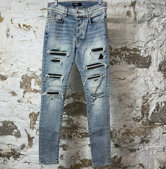 Amiri MX1 Black Leather Blue Thrasher Denim Jeans Sz 30