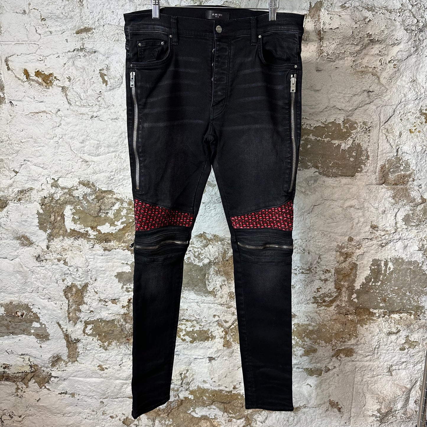 Amiri MX2 Pink Red Patch Black Denim Jeans Sz 34