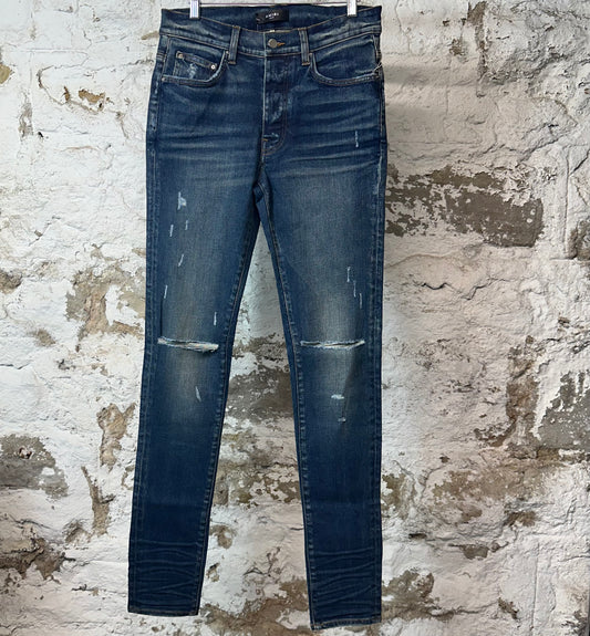 Amiri Knee Rip Dark Blue Denim Jeans