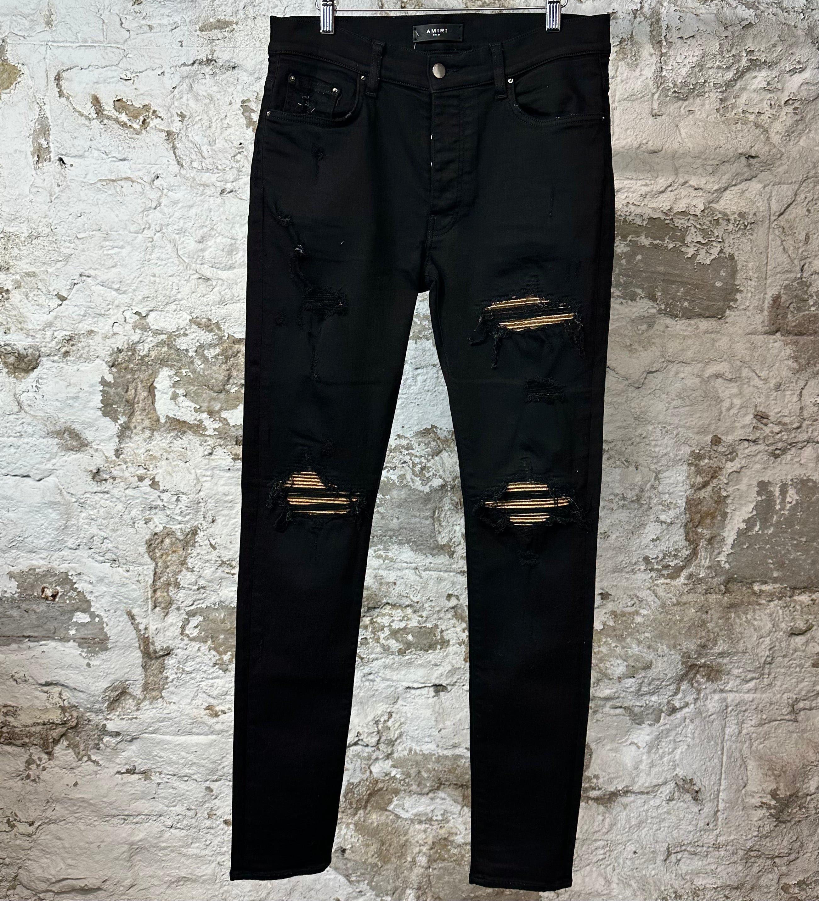 Amiri MX1 Gold Patch Black Denim Jeans Sz 34