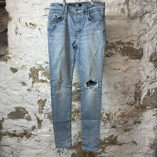 Amiri Knee Hole Playboy Print Blue Denim Jeans Sz 32
