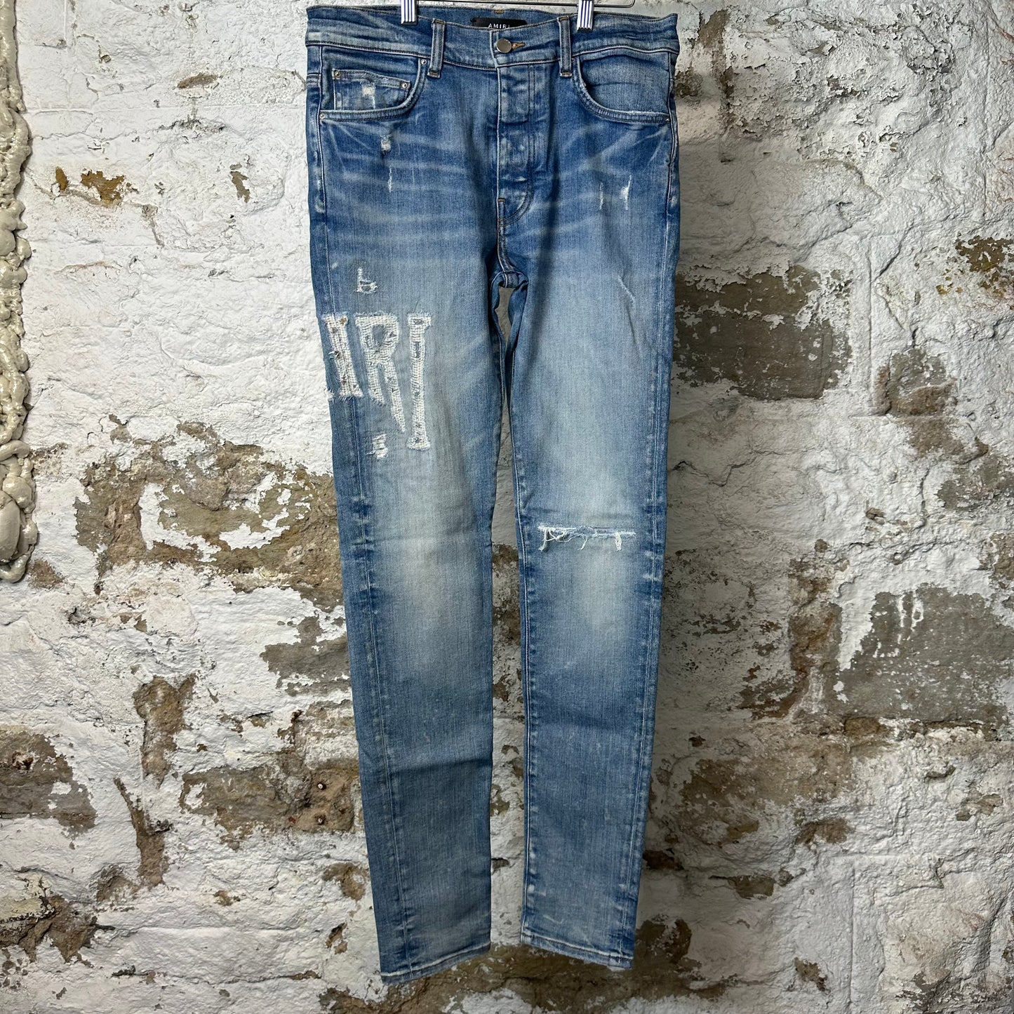 Amiri Distressed Side Spell Blue Denim Jeans Sz 32