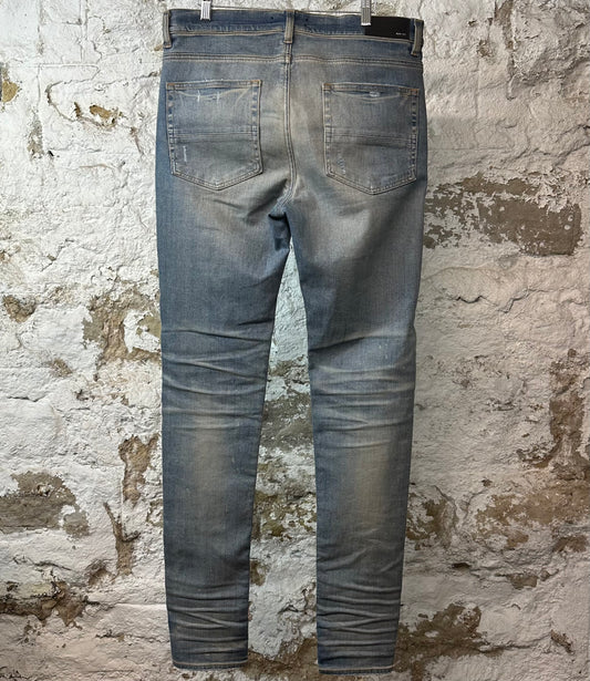 Amiri MX1 Gray Orange Plaid Blue Denim Jeans Sz 36
