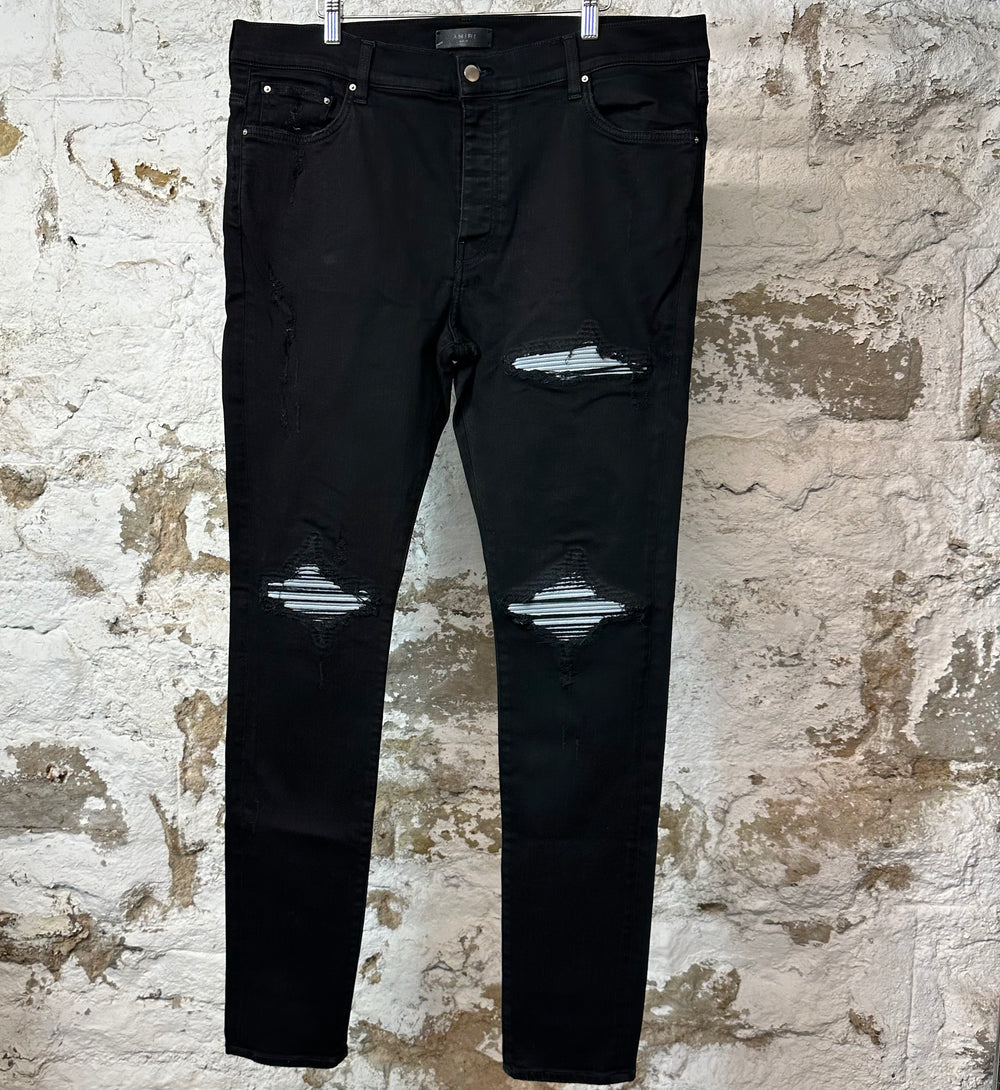 Amiri MX1 Light Blue Suede Black Denim Jeans Sz 38