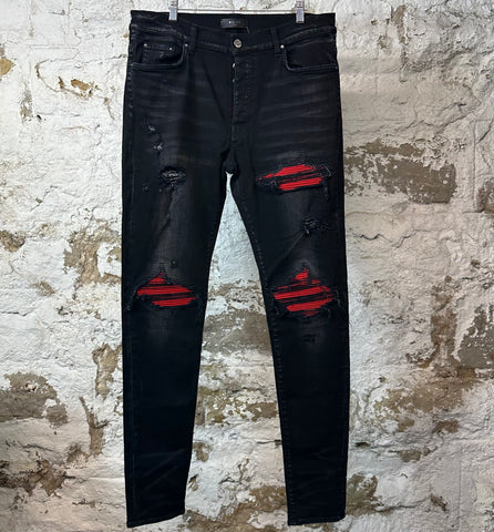 Amiri MX1 Red Suede Black Denim Jeans Sz 36