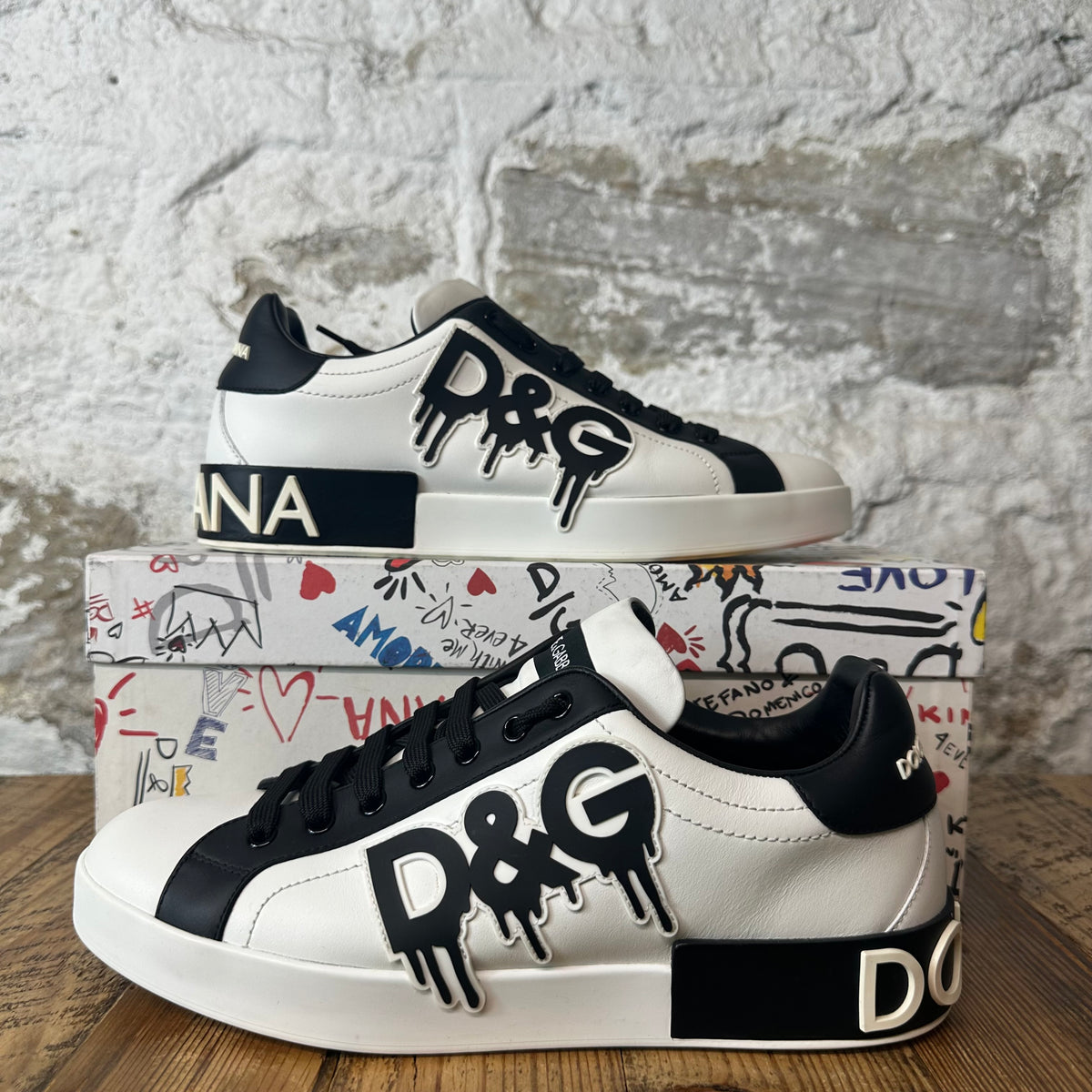 Dolce Gabbana Melting Logo Black White Portofino Sneaker Sz 8