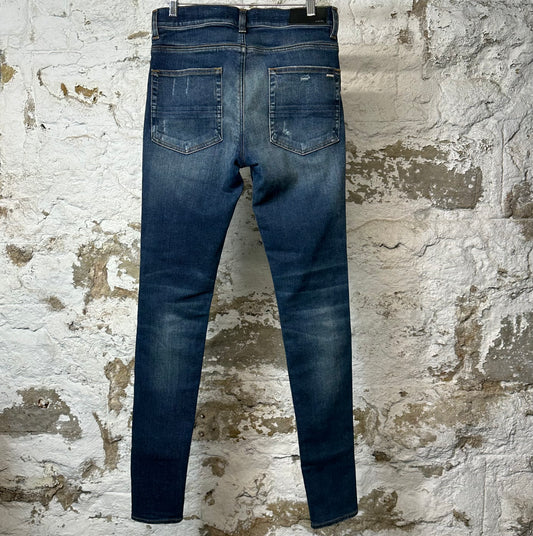 Amiri MX1 Black Leather Dark Blue Denim Jeans Sz 30