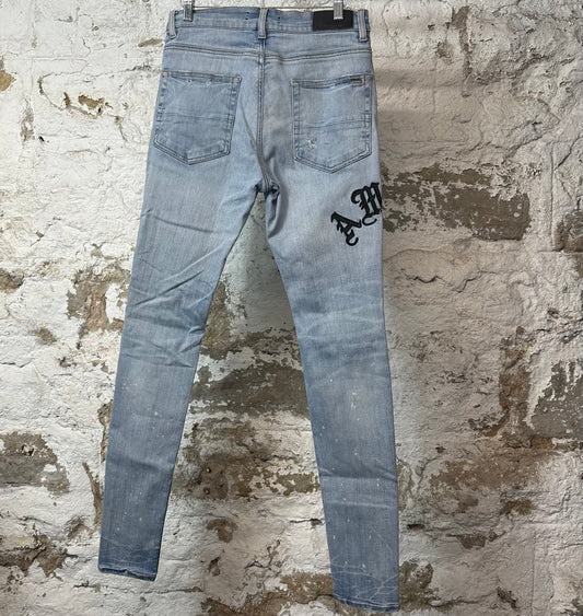 Amiri Black Old English Spell Blue Denim Jeans Sz 30
