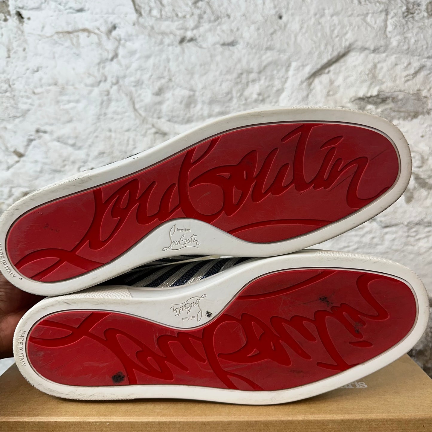 Christian Louboutin Blue Silver Stripe White Sneaker Sz 13 (46)