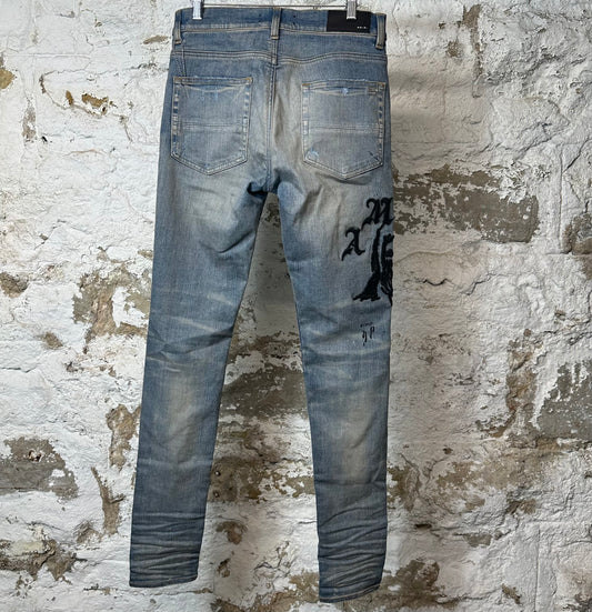Amiri Embroidered Reaper Logo Blue Denim Jeans Sz 30