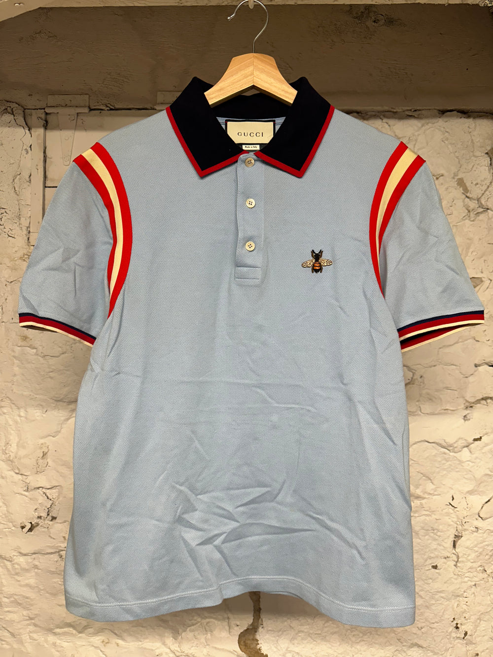 Gucci Bee Shoulder Stripe Light Blue Polo Sz XL