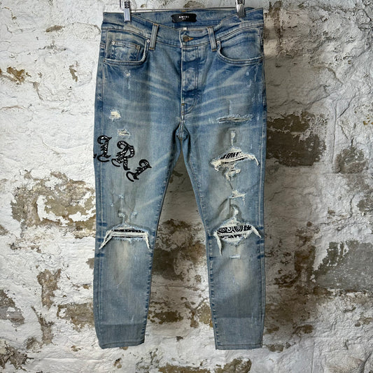 Amiri Black Paisley Spell Blue Denim Jeans Sz 31 (Tailored Short)