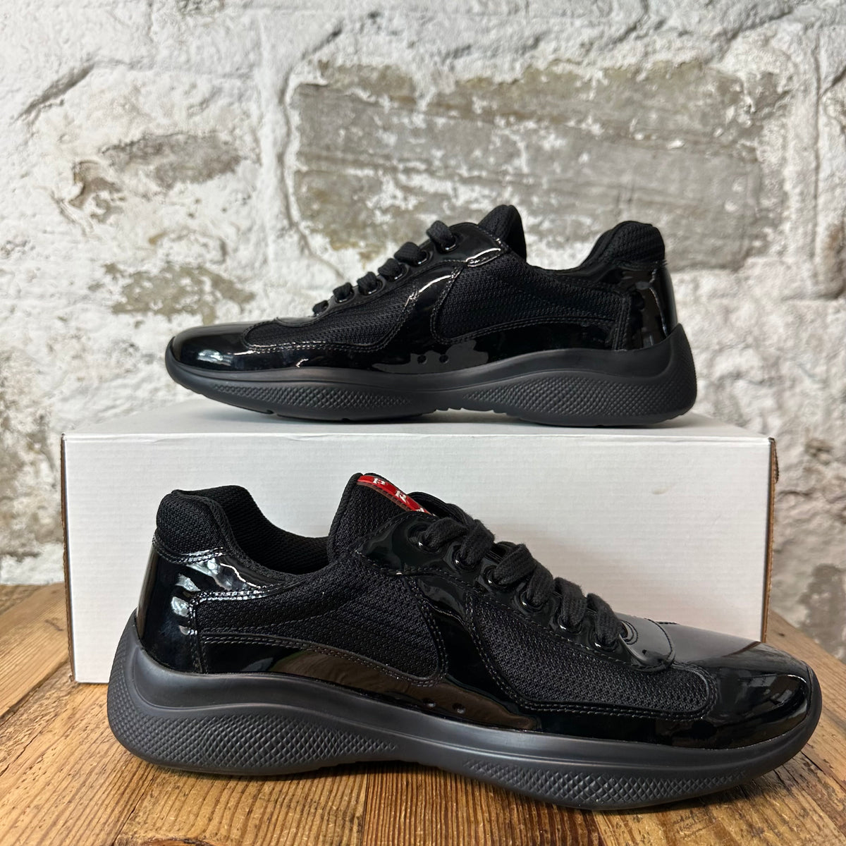 Prada Americas Cup Triple Black Patent Sneaker Sz 7