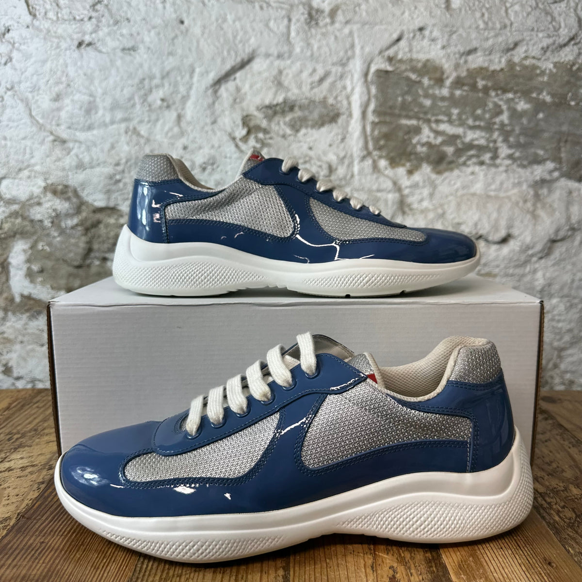 Prada Americas Cup Aviation Blue Patent Grey White Sneaker Sz 7