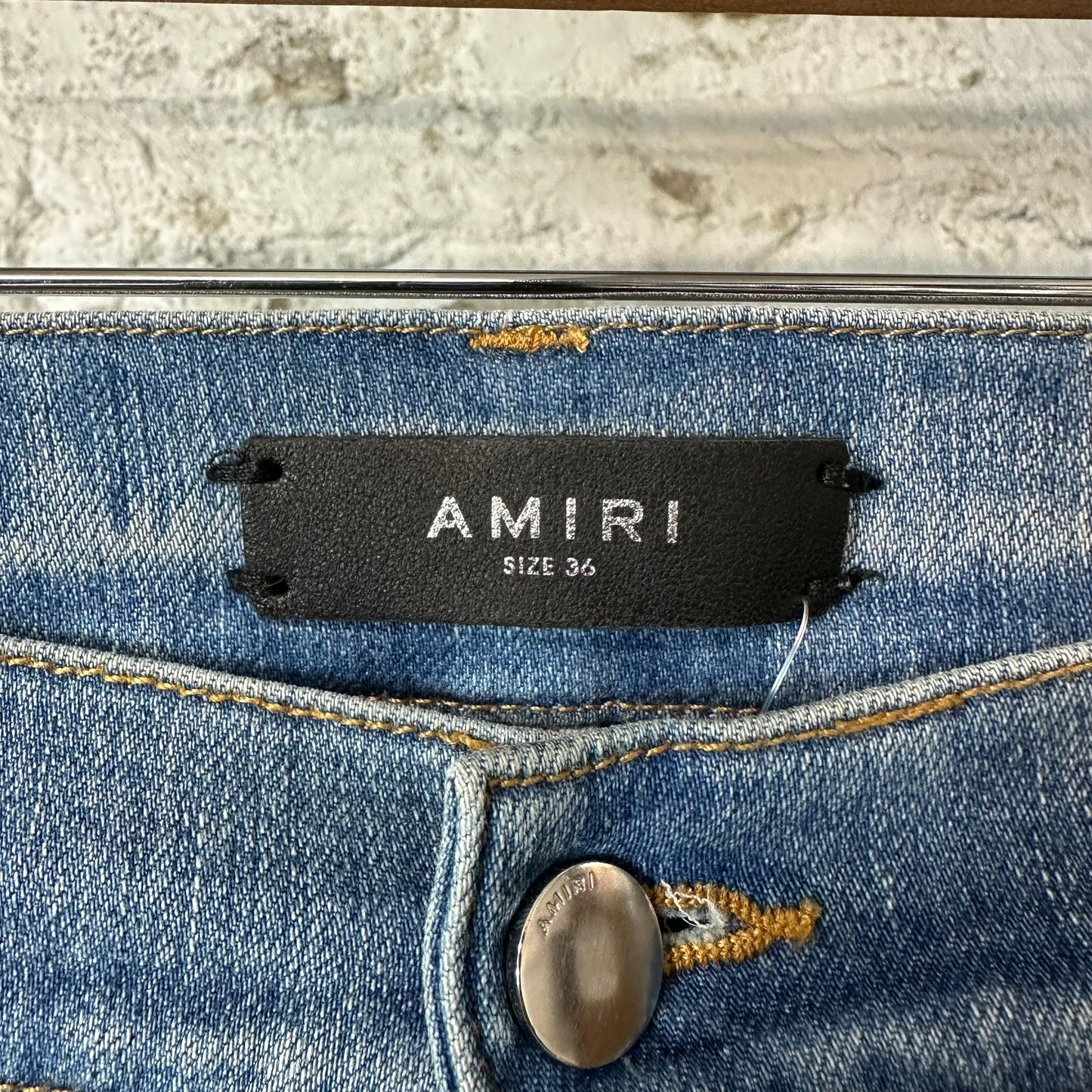Amiri MX1 Black Leather Blue Denim Jeans Sz 36