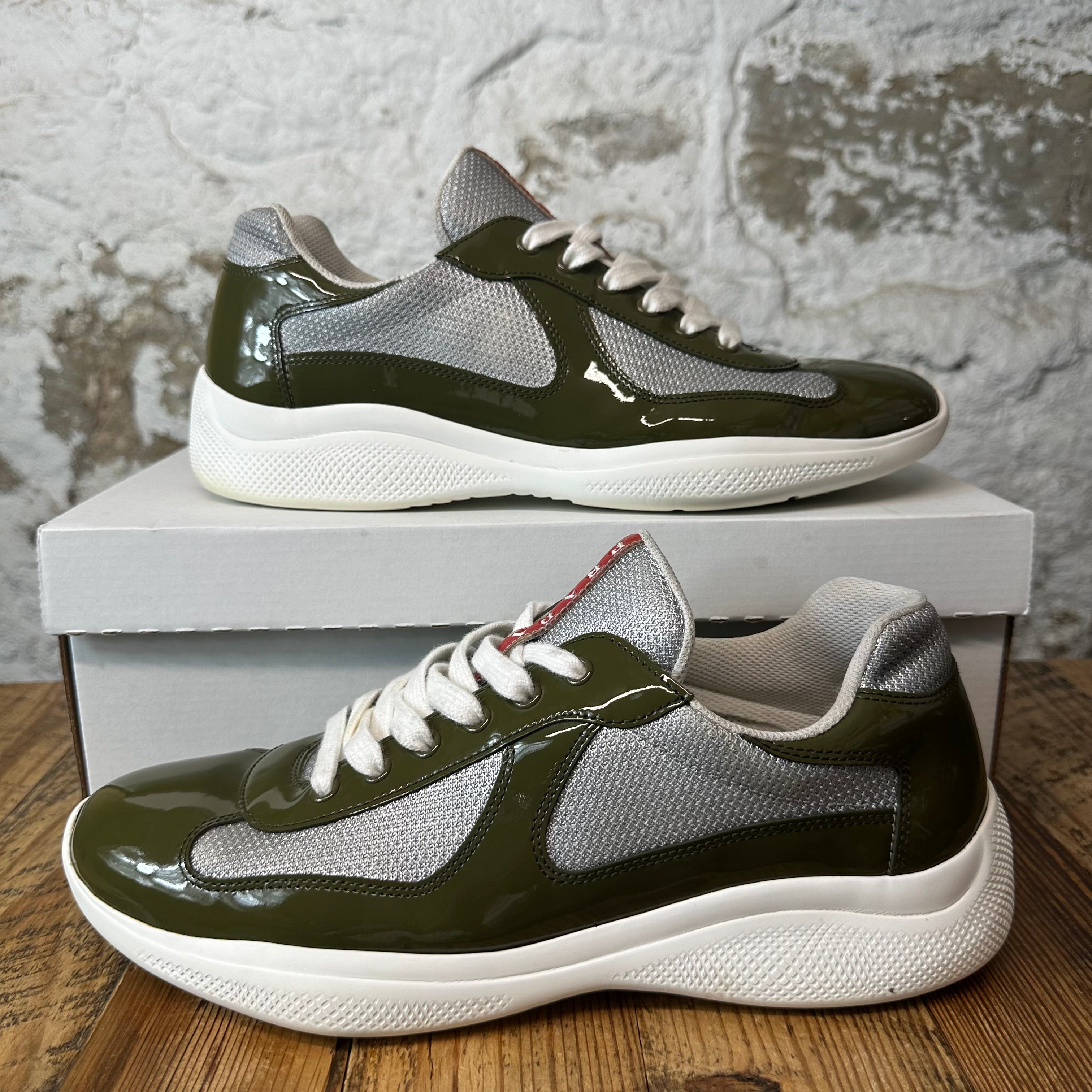 Prada Americas Cup Olive Patent Grey White Sneaker Sz 9