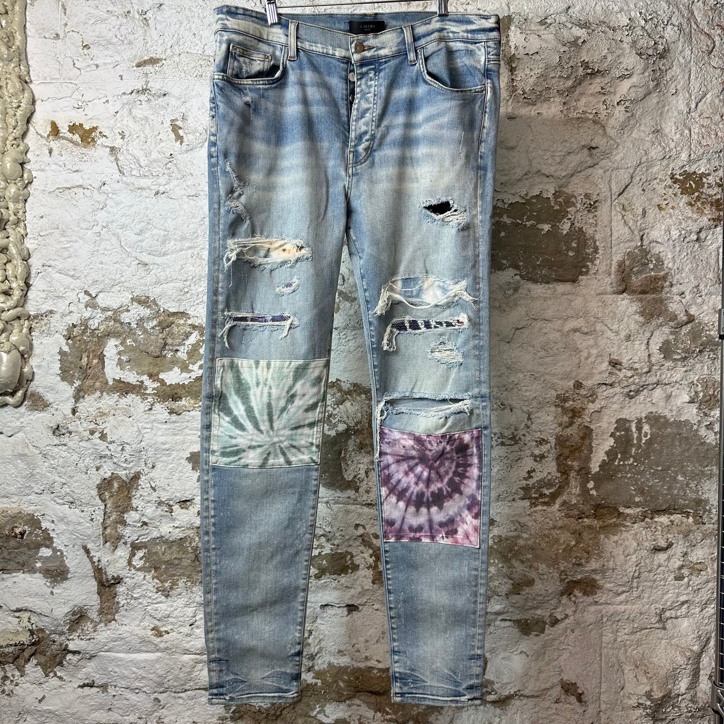 Amiri MX1 Multicolor Paisley Patches Blue Denim Jeans Sz 38